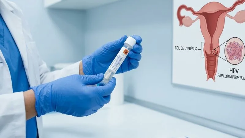 Médecin tenant un prélèvement HPV avec schéma du col de l'utérus en arrière-plan