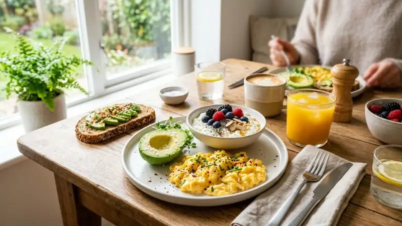 petit-déjeuner protéiné avec œufs brouillés, avocat et porridge aux fruits rouges,métabolisme après 50 ans