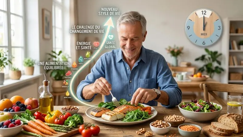 Homme préparant un repas équilibré, alimentation saine après 50 ans