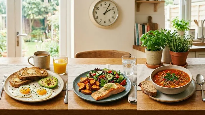 illustration de la chrono-nutrition montrant trois repas adaptés à l'horloge biologique — petit-déjeuner copieux, déjeuner
équilibré et dîner léger pour rester mince après 50 ans