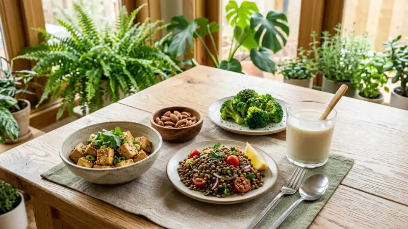 Repas végétal riche en calcium sans produits laitiers : tofu, lentilles, brocolis, amandes et lait de soja