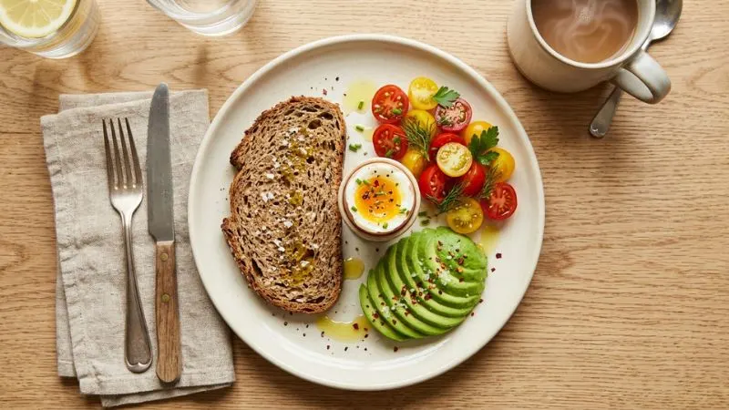 Petit déjeuner équilibré avec pain complet, avocat, œuf et tomates sur une table lumineuse.