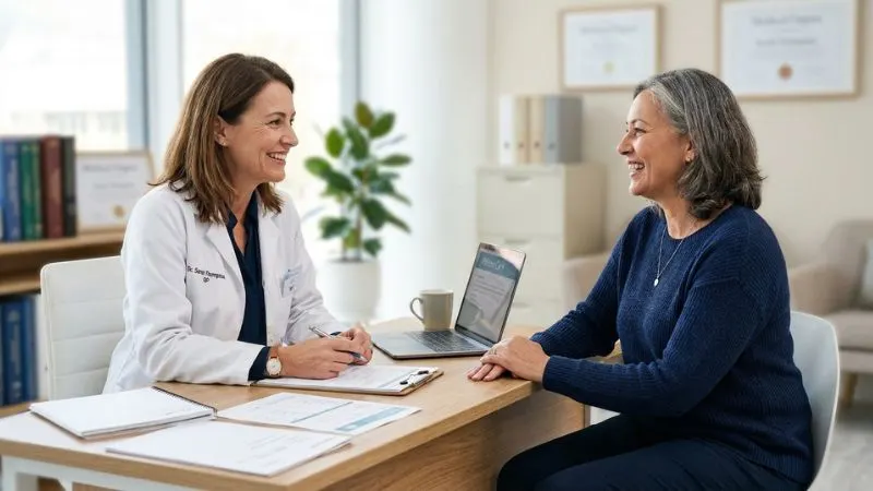 Médecin généraliste souriante en blouse blanche, assis en face d'une patiente de 55 ans, bureau médical propre
et chaleureux, expression d'écoute et de confiance