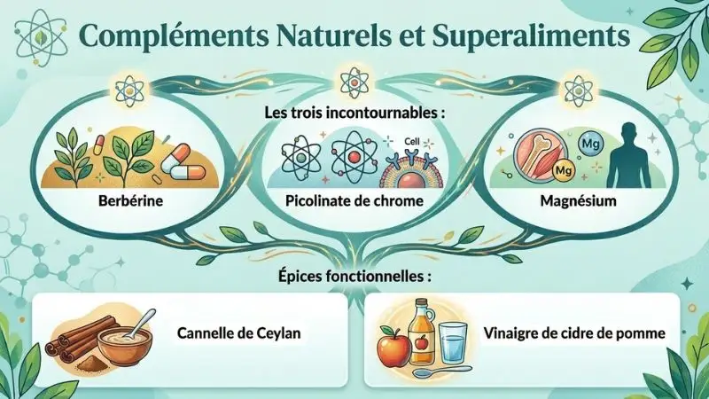 Infographie des compléments naturels pour la sensibilité à l'insuline : berbérine, chrome, magnésium, cannelle et vinaigre de cidre