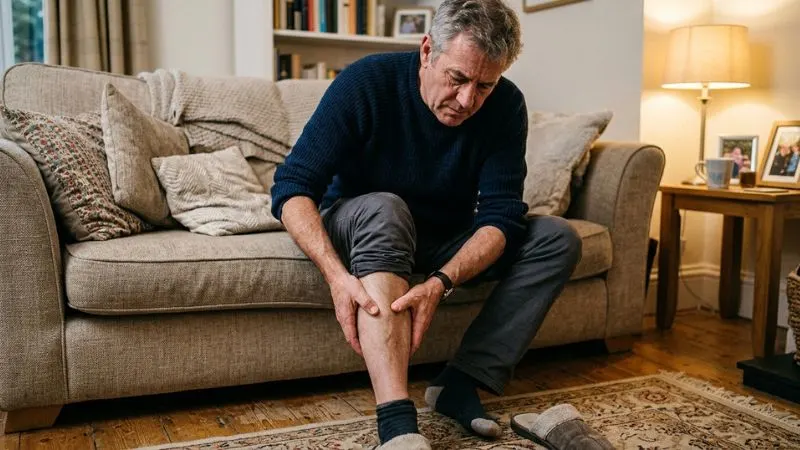 Homme 55 ans avec les jambes visiblement fatiguées, assis sur un canapé, se tenant les mollets.