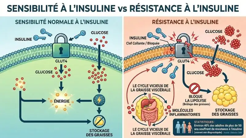 Infographie comparant sensibilité normale à l'insuline et résistance à l'insuline après 50 ans
