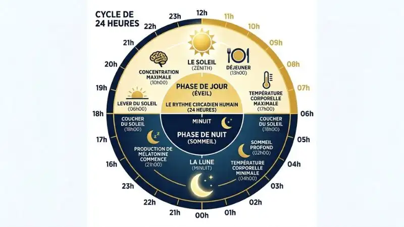 schéma du rythme circadien sur 24 heures illustrant l'horloge biologique interne et ses phases d'éveil et de sommeil après 50 ans