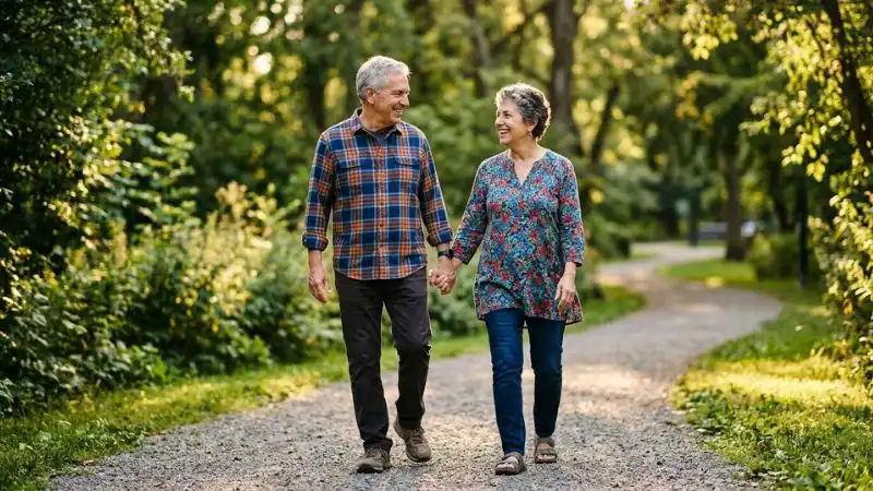 Couple de 60 ans heureux en promenade dans la nature – prendre soin de sa vitalité naturellement après 50 ans