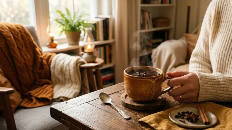 Main féminine tenant une tasse fumante de clou de girofle dans un salon cosy avec bougies et plaid.
