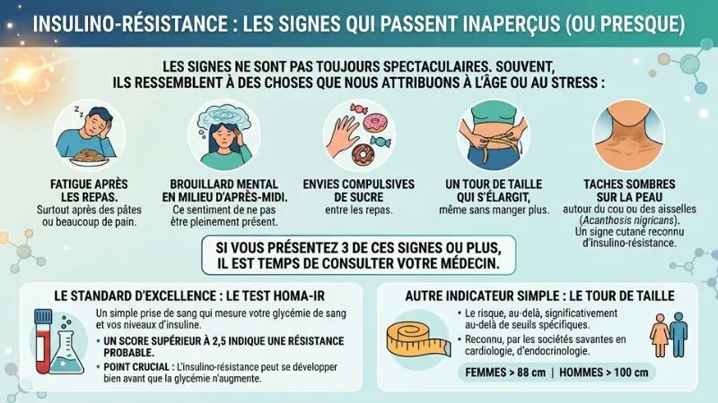 Infographie des 5 signes de l'insulino-résistance : fatigue, brouillard mental, fringales, tour de taille et taches cutanées