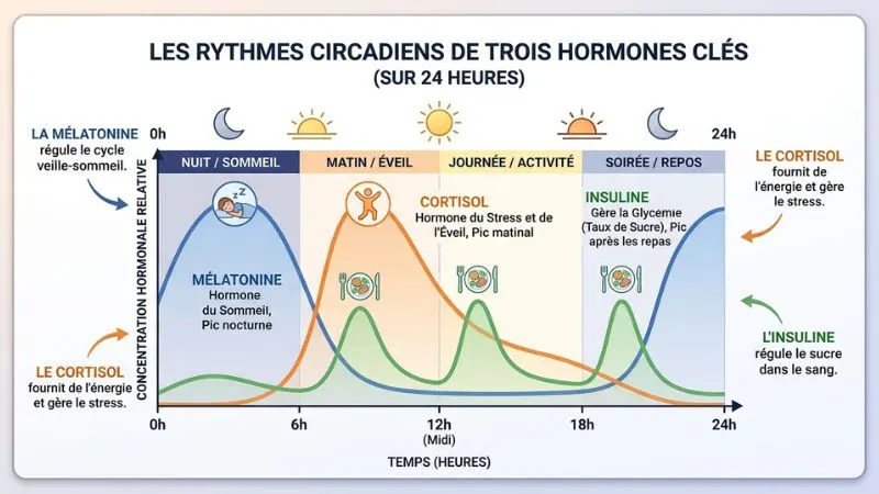 infographie des courbes hormonales circadiennes sur 24 heures — mélatonine élevée la nuit, cortisol le matin et insuline en
journée pour l'équilibre hormonal après 50 ans