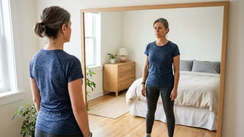 Femme de 50 ans en tenue de sport regardant son reflet dans un miroir, illustrant la perte de poids et le SOPK