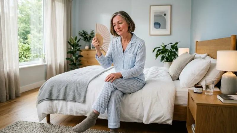 Femme de 50 ans en pyjama assise sur son lit s'éventant lors d'une bouffée de chaleur