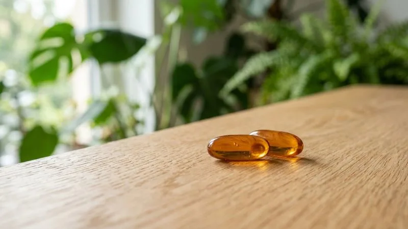 Gélule de complément naturel sur surface en bois – dosage et protocole Tongkat Ali extrait standardisé 200mg