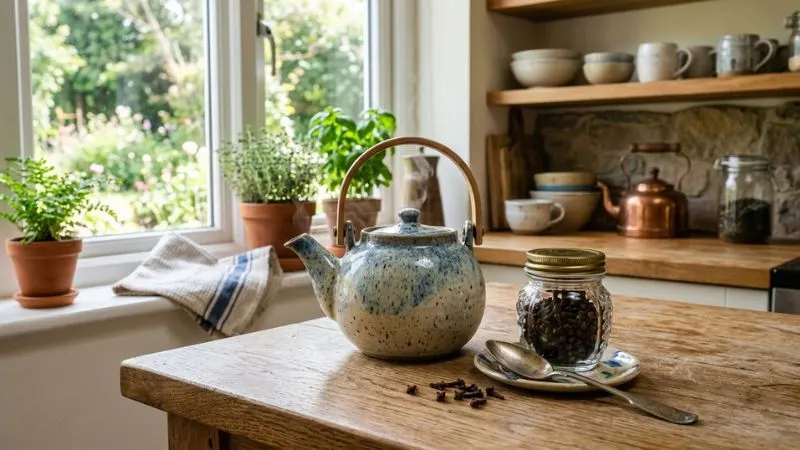 Théière artisanale et bocal de clous de girofle sur un plan de travail en bois dans une cuisine naturelle.