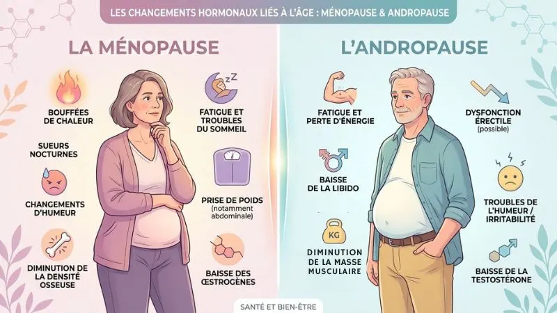 infographie ménopause et andropause après 50 ans - changements hormonaux liés à l'âge entraînant stockage abdominal, baisse des œstrogènes chez la femme et de la testostérone chez l'homme