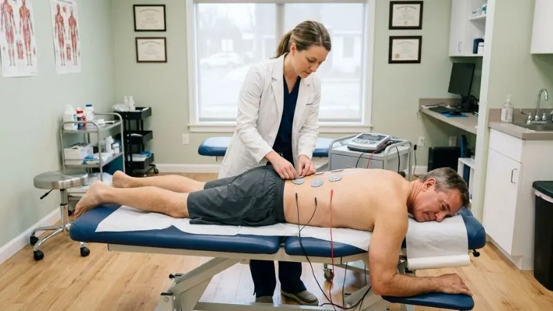 Kinésithérapeute appliquant des électrodes EMS sur le dos d'un patient allongé sur une table de soin en cabinet médical