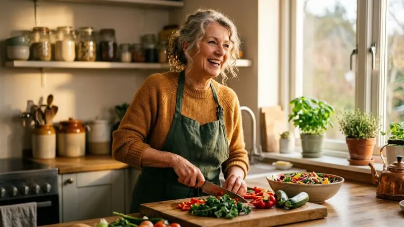femme en train de préparer un repas sain et équilibré illustrant la nutrition après 55 ans.