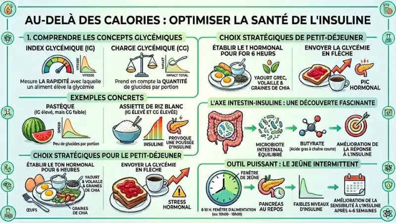Infographie alimentation insulino-optimale : index glycémique, petit-déjeuner protéiné, jeûne intermittent et axe intestin-insuline