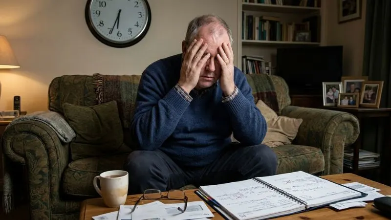 homme d'une cinquantaine d'années assis sur un canapé, tête entre les mains, entouré de papiers et d'une horloge murale — stress chronique et fatigue