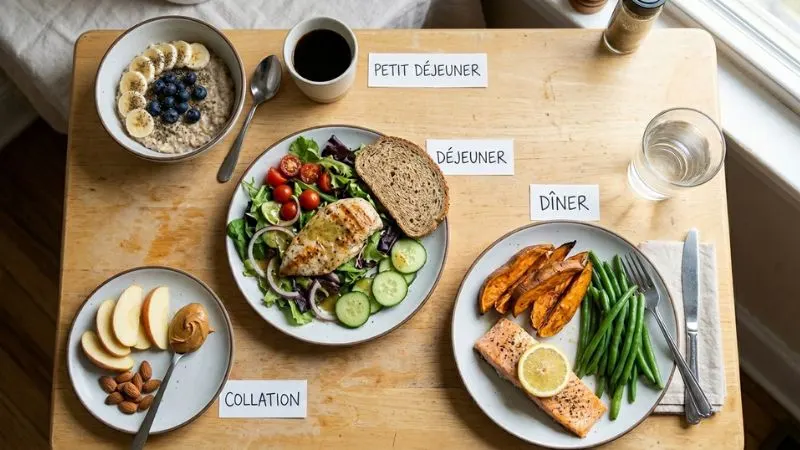 Journée type dans l’assiette avec petit-déjeuner, déjeuner, collation et dîner.