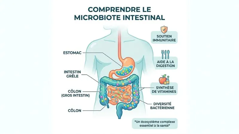 Infographie du microbiote intestinal illustrant l'estomac, l'intestin grêle et le côlon avec leurs rôles digestifs et immunitaires