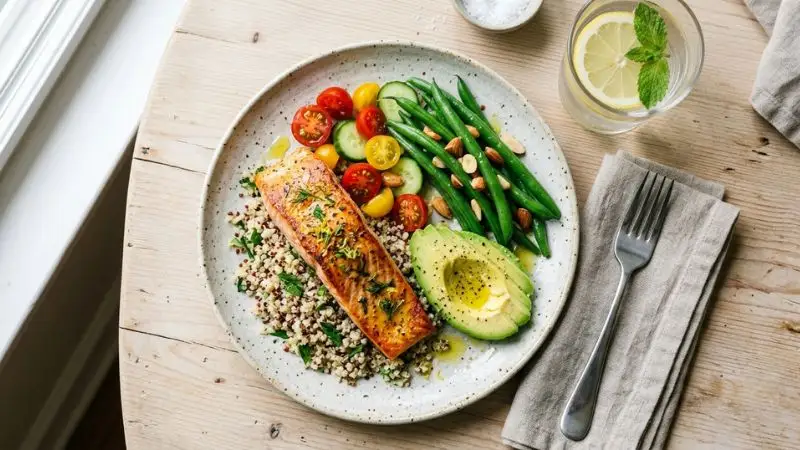 assiette équilibrée avec protéines maigres, légumes colorés, quinoa et huile d'olive pour contrer la sarcopénie