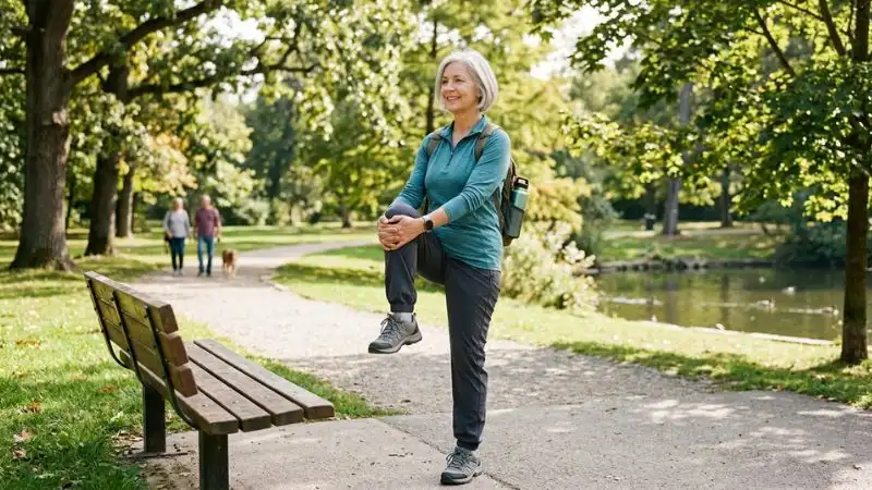 femme de 55 ans en train de pratiquer une seance d'étirement