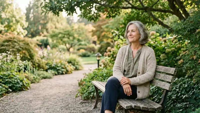 Personne de 60 ans détendue et sereine assise sur un banc n plein air, réduction naturelle du cortisol et gestion du
stress après 50 ans