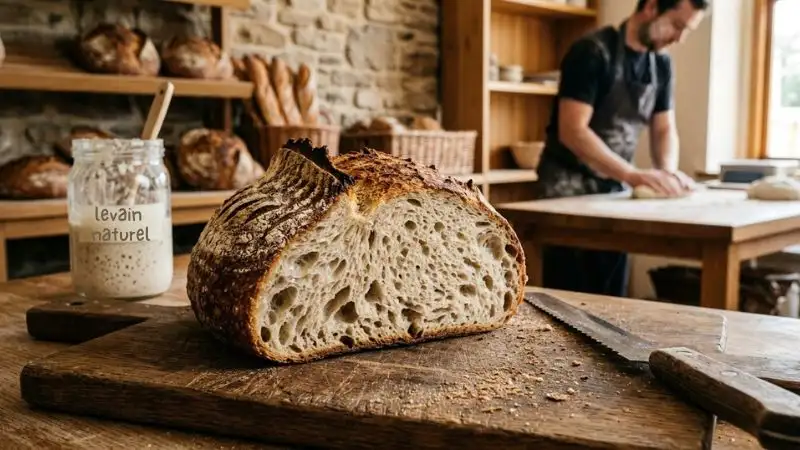 Pain au levain artisanal coupé en gros plan, avec levain naturel en arrière-plan.