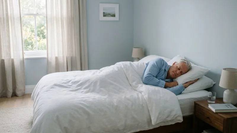 Homme d'une soixantaine d'années dormant paisiblement dans un lit blanc dans une chambre fraîche et calme —
sommeil réparateur et vitalité après 50 ans