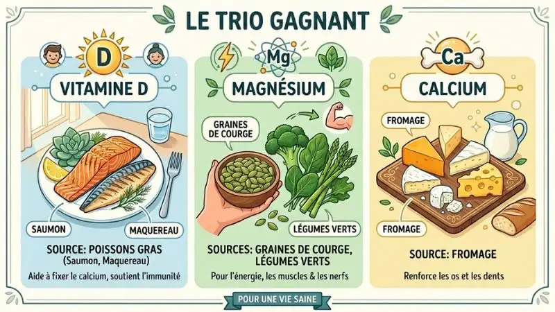 Infographie trio gagnant pour la santé osseuse : vitamine D, magnésium et calcium après 50 ans