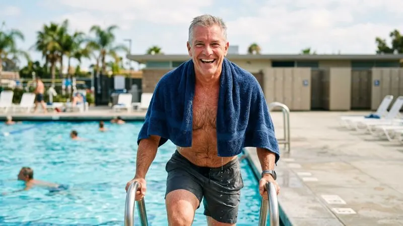 bienfaits natation senior sortie piscine souriant serviette sur les épaules