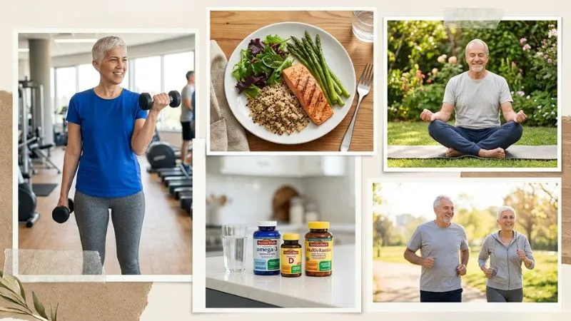 5 leviers pour réduire la graisse viscérale après 50 ans - renforcement musculaire, alimentation protéinée, méditation, micro-nutrition et activité physique en plein air