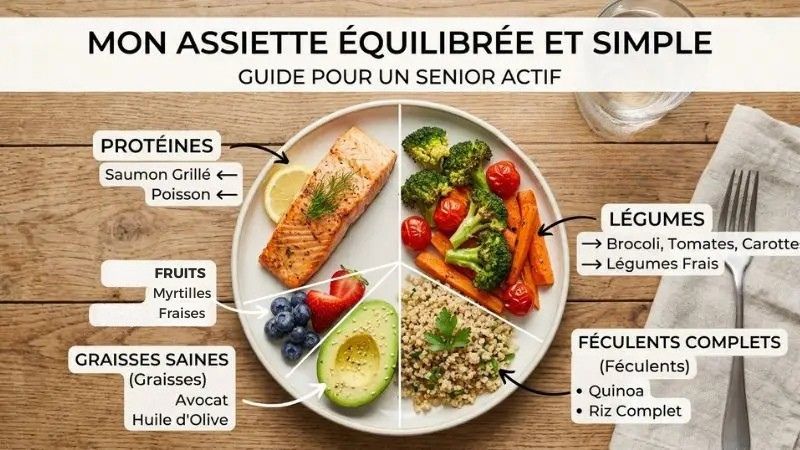 Assiette équilibrée avec protéines, légumes et féculents pour senior actif