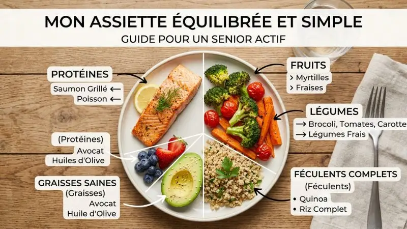 Assiette équilibrée avec protéines, légumes et féculents pour senior actif