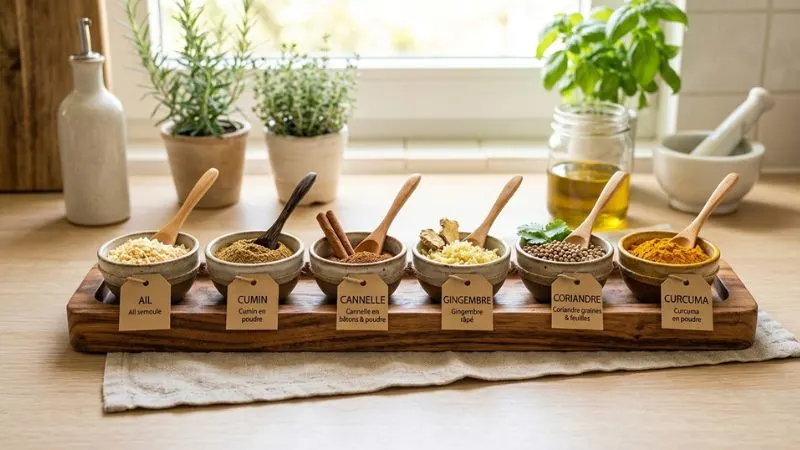 Plateau en bois avec 6 plantes et épices détox : ail, cumin, cannelle, gingembre, coriandre, curcuma.