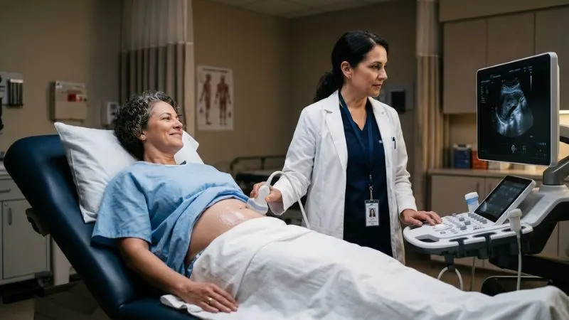 Femme allongée pour une échographie pelvienne avec médecin et écran d'échographie