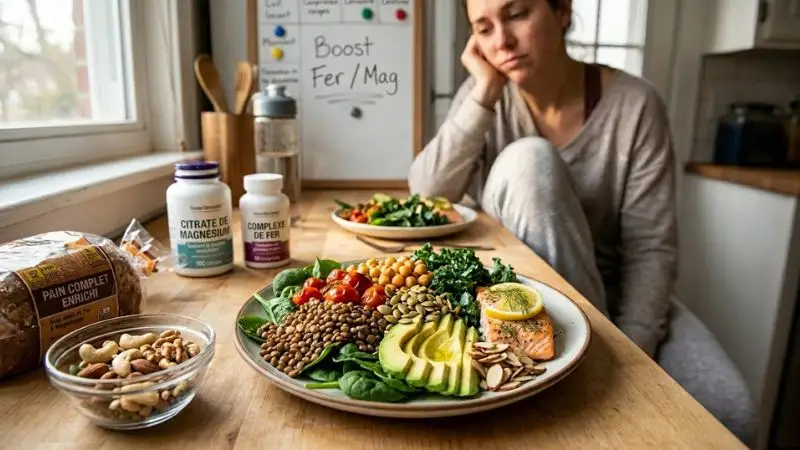 Femme fatiguée devant une assiette saine avec compléments de magnésium et de fer.