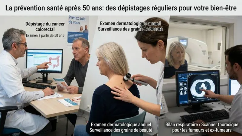 Visuel médical sur les dépistages du cancer colorectal, de la peau et du poumon. diversité des dépistages après 50 ans