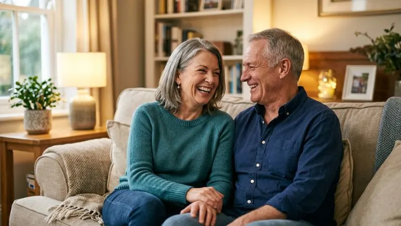 Couple de 55 ans, assis côte à côte dans un salon, expressions
naturelles et étendues, lumière chaleureuse, fond légèrement flou,
atmosphère sereine