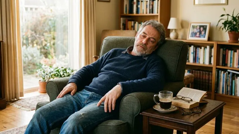 Homme de 55 ans assis dans un fauteuil en milieu de journée, yeux mi-fermés, expression de somnolence
et de fatigue, tasse de café posée sur la table, lumière naturelle d'après-midi, intérieur chaleureux et vêtements décontractés