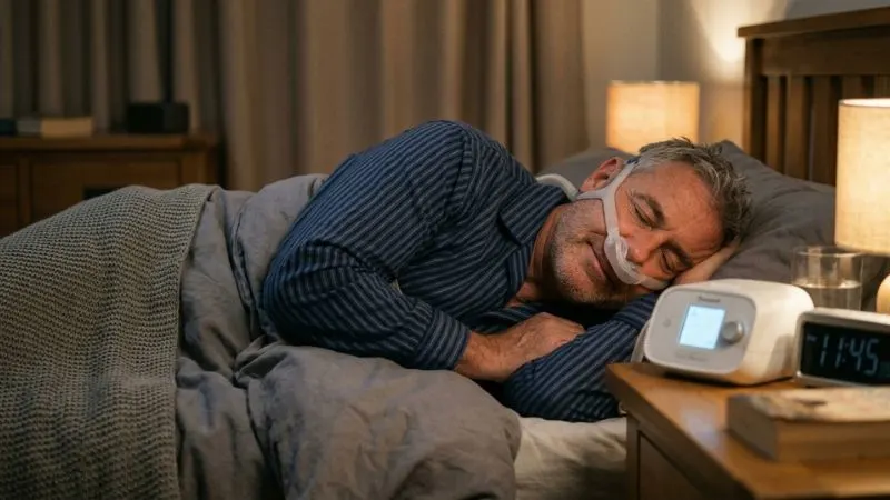 Homme de 60 ans endormie paisiblement sur le côté, expression sereine, appareil de traitement PPC blanc posé sur la table de nuit, chambre rangée et lumière nocturne douce, ambiance rassurante