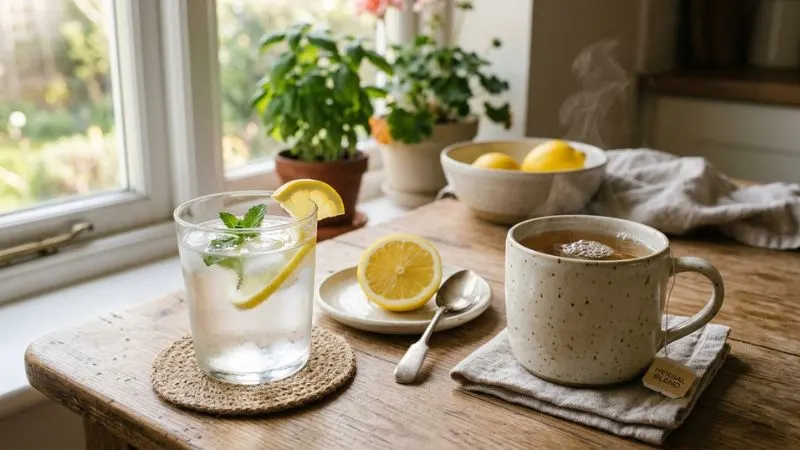 Verre d'eau citronnée et tasse de tisane sur une table de cuisine le matin.