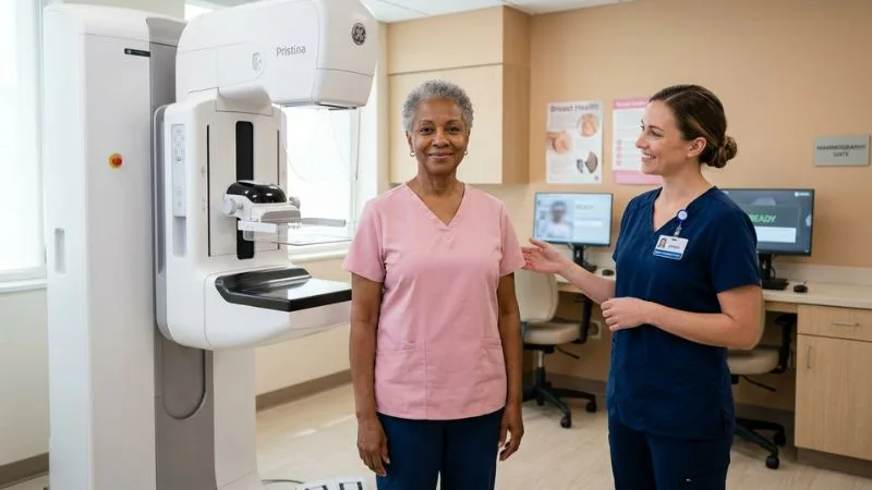 Femme de 60 ans debout devant un appareil de mammographie avec technicienne médicale