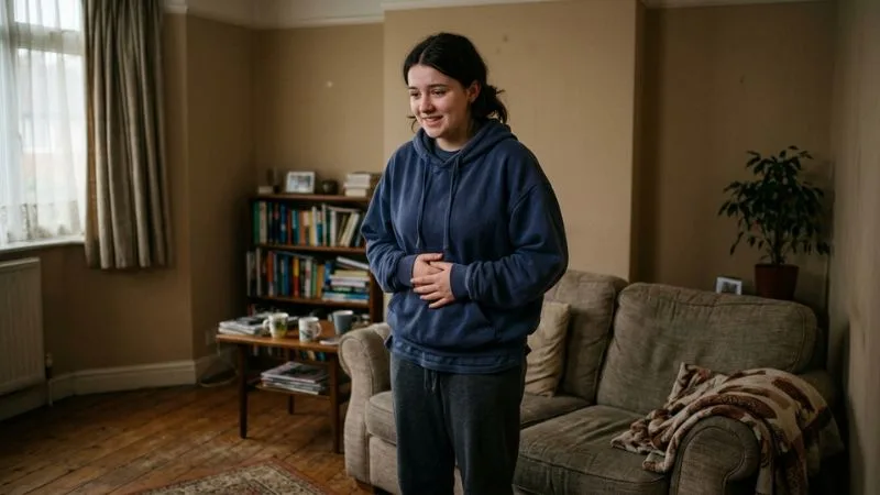 Femme de 50 ans locataire son ventre avec gêne légère dans un salon cosy.