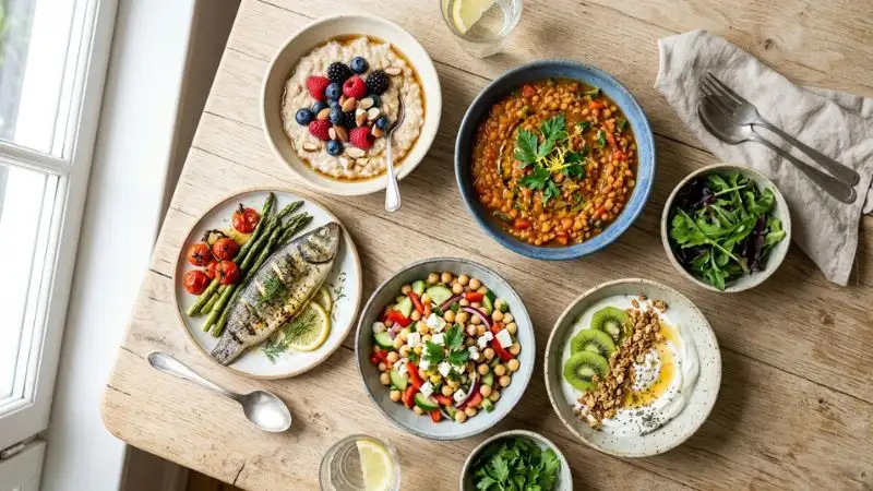 variété d'assiettes équilibrées avec protéines, légumes, céréales complètes
et légumineuses