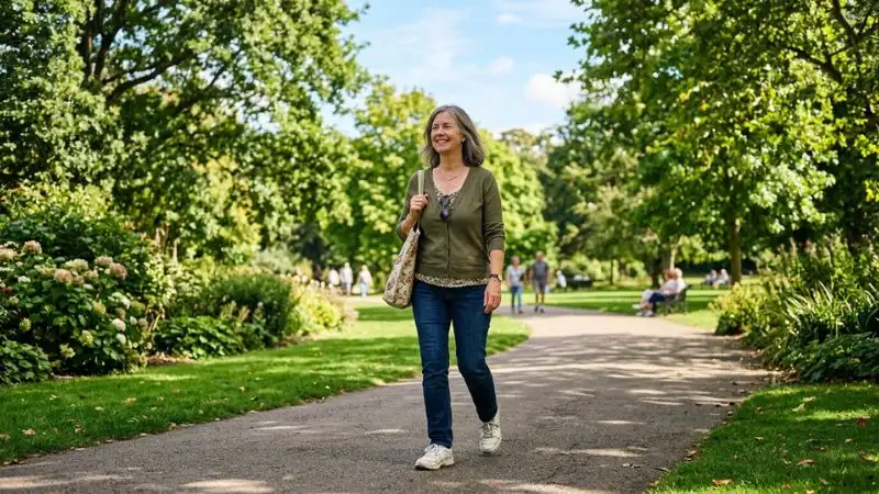 Femme de 55 ans marchant dans un parc verdoyant pour réduire les pics glycémiques après les repas