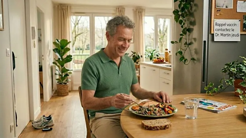 Homme âgé mangeant sainement à table, symbole de nutrition et bien vieillir
