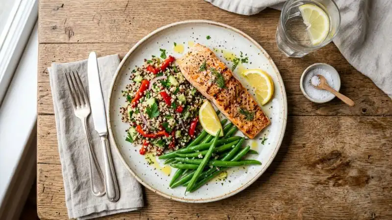 Assiette équilibrée avec saumon grillé, quinoa et haricots verts pour une nutrition stratégique après 50 ans